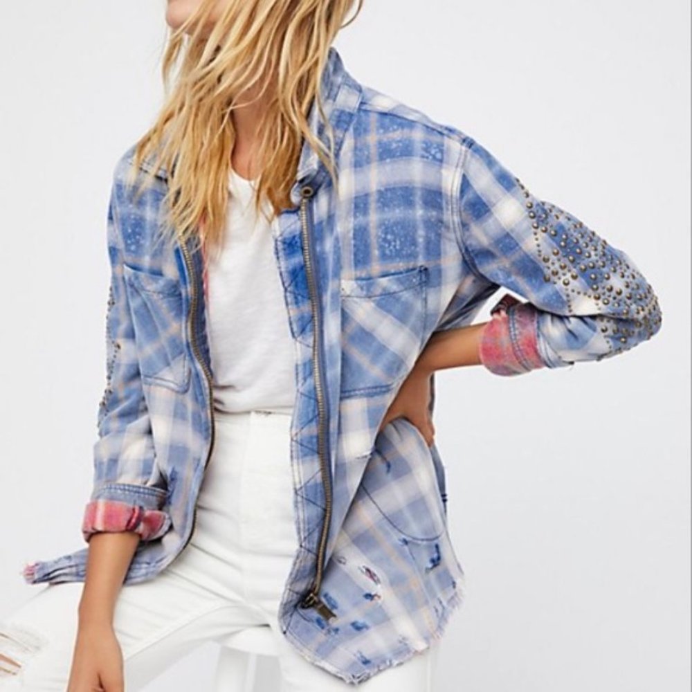 FREE PEOPLE Destroyed Blue Flannel Zip Up Jacket